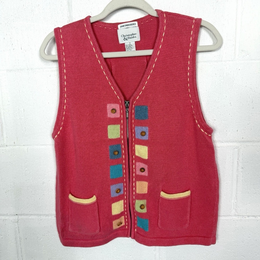 VTG Hand Embroidered Zip Up Sweater Vest Colorful Patchwork Whimsy Twee Granny S